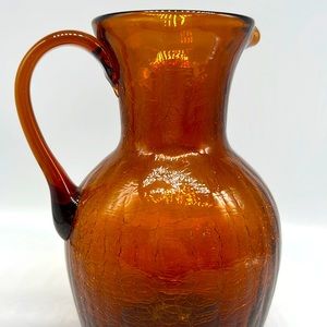 Vtg BLENKO Crackle Glass Hand Blown Mini Pitcher  Brown 6.25” High